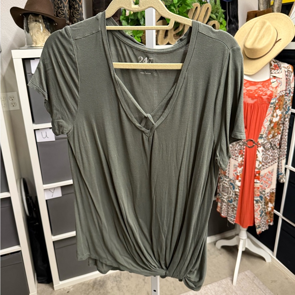 Maurices 24/7 Olive V-Neck Twist Front Short Sleeve Top